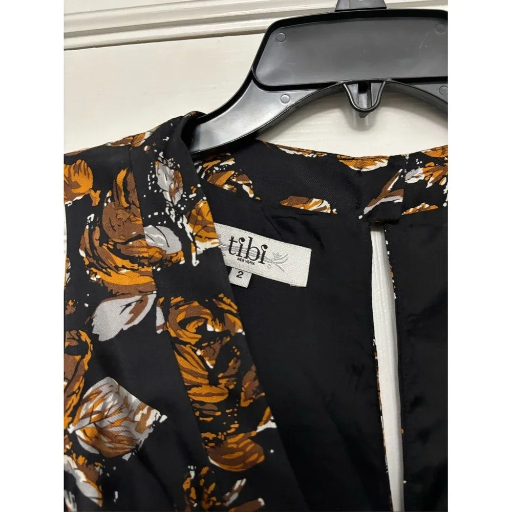 Tibi Silk Floral Sheath Dress • Black Brown V-Neck Mini • Wedding Guest • Size 2